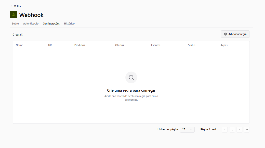 Aba Configurações da integração Webhook com o botão Adicionar regra