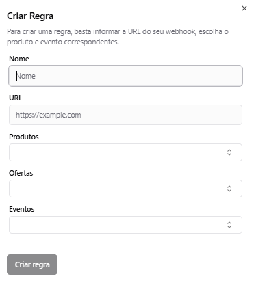 Formulário Criar regra com os campos Nome, URL, Produtos, Ofertas e Eventos