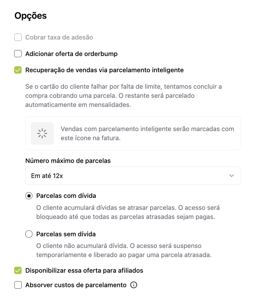 Opção Recuperação de vendas via parcelamento inteligente na edição da oferta