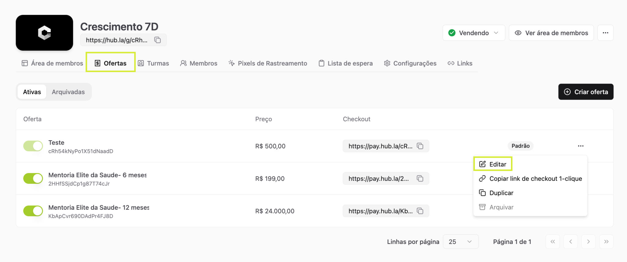 Aba Ofertas com o menu dos 3 pontinhos e a opção Editar